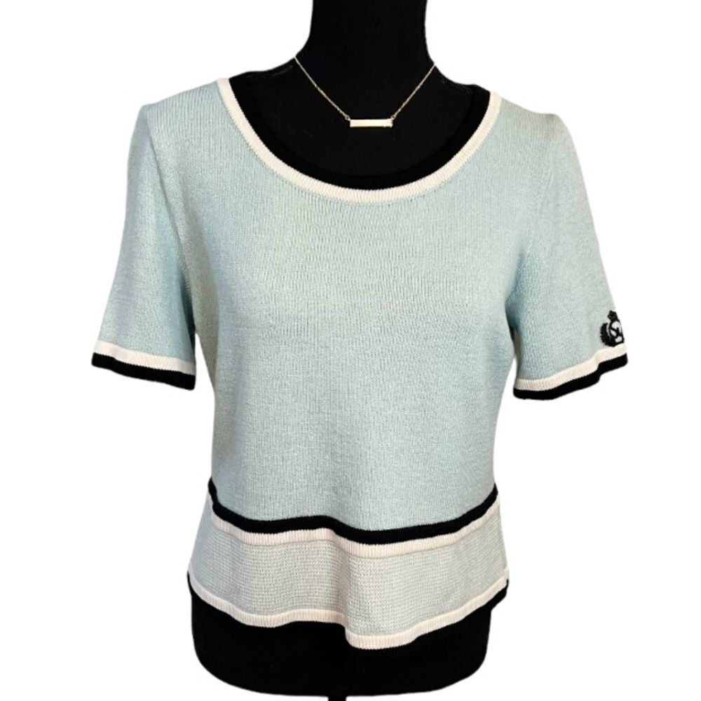 St. John 60’s style  Mod sweater teal black with emblem EUC Knit banded pullover